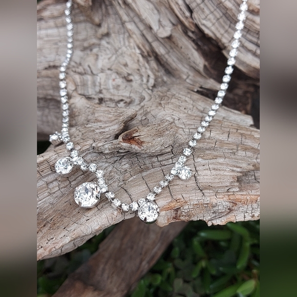 Jay Kel Sterling Rhinestone Necklace,Vintage Graduated Rhinestone Necklace - Picture 1 of 7